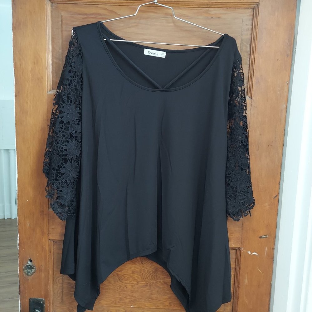 Black Top with Floral Lace Sleeves
